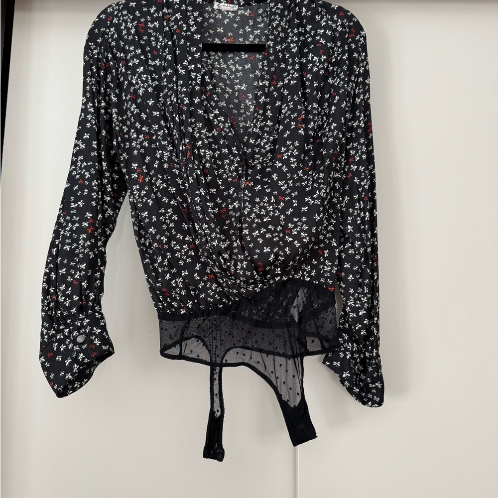 Black Wrap Blouse with Long Sleeves and Tie Front